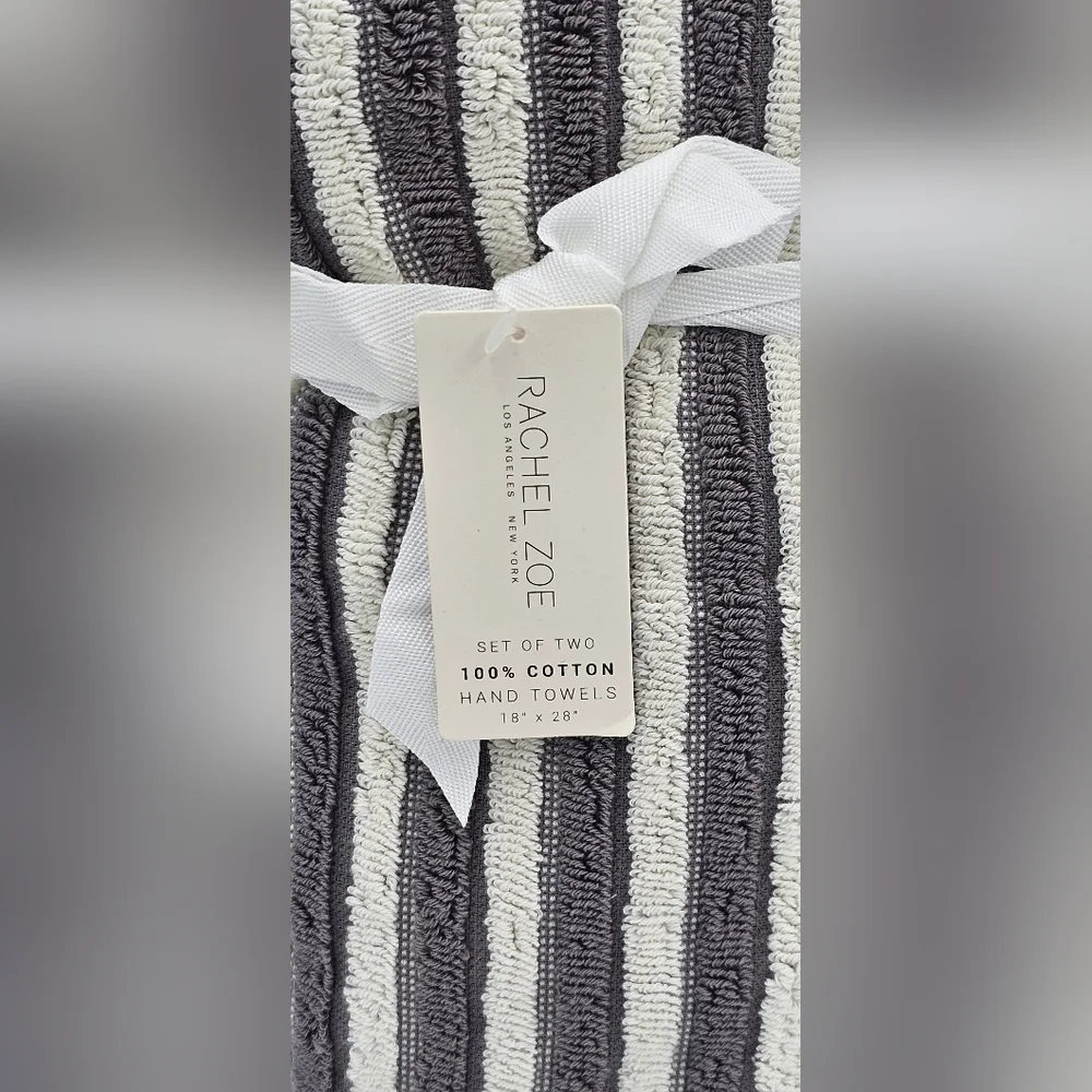 Rachel Zoe 2 Piece 100% Cotton Hand Towel Set Gray White Striped OEKO TEX